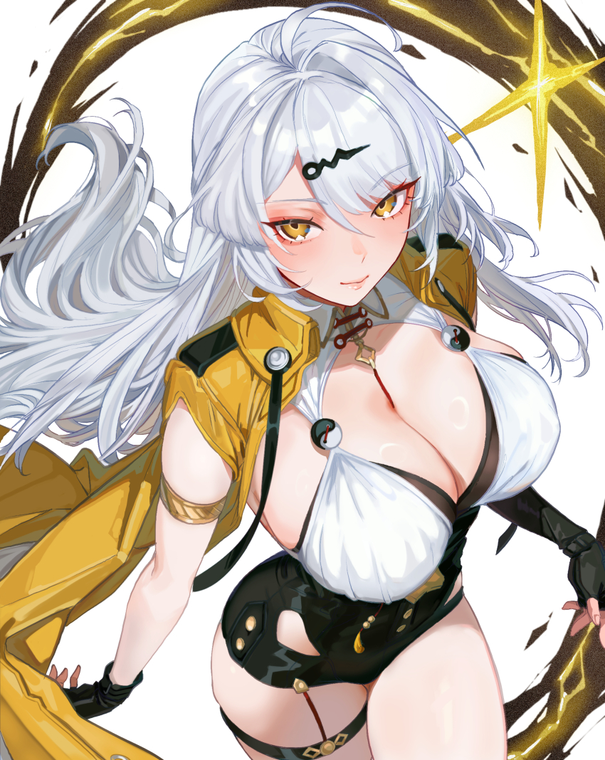 1girl, absurdres, asymmetrical_gloves, black_unitard, breasts, cleavage, cowboy_shot, elbow_gloves, gloves, hair_ornament, high-waist_shorts, highres, jacket, large_breasts, long_hair, looking_at_viewer, mole, mole_on_breast, nitsuga_zenitram, open_clothes, open_jacket, short_hair, shorts, single_elbow_glove, single_hair_intake, smile, uneven_gloves, vest, white_background, white_hair, yellow_eyes, yellow_jacket, yellow_vest, yixuan_(zenless_zone_zero), yin_yang_pin, zenless_zone_zero