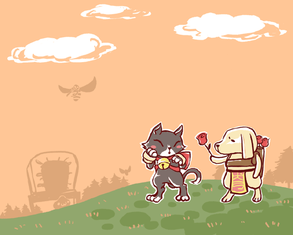 bell, black_cat, caravan, cat, cloud, commentary_request, dog, floppy_ears