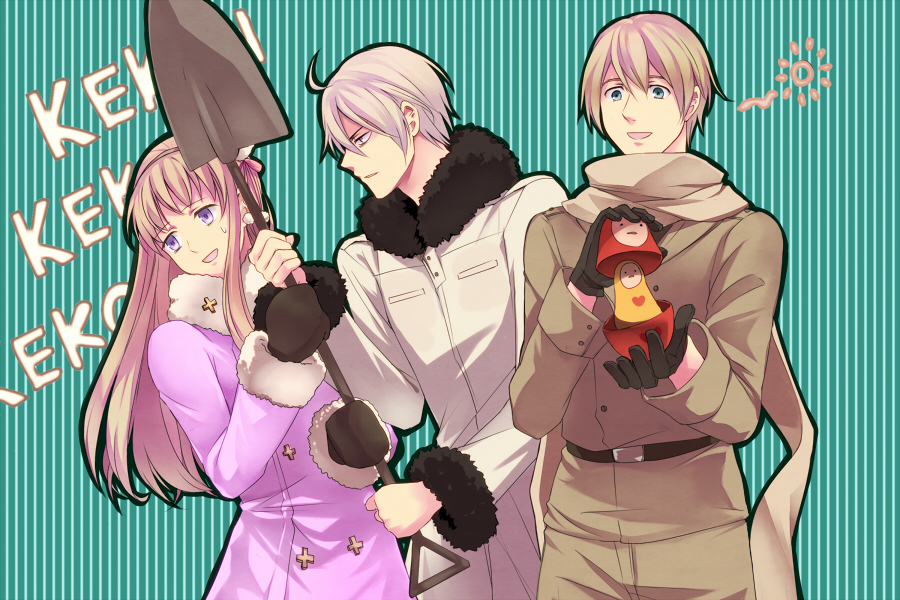 1girl, 2boys, antenna_hair, axis_powers_hetalia, bad_id, bad_pixiv_id, belarus_(hetalia), belarus_(male)_(hetalia)