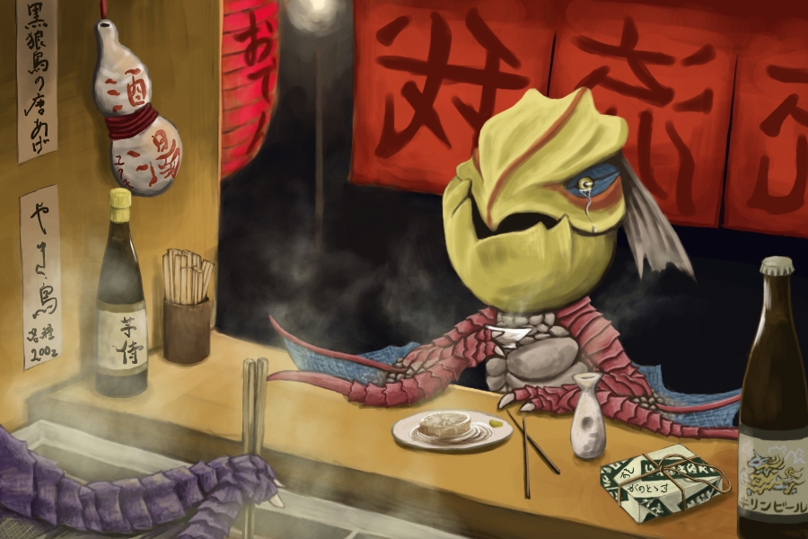 alcohol, capcom, chopsticks, cirque07, lantern, monster_hunter_(series), no_humans, paper_lantern, sake, tears, yian_garuga, yian_kut-ku