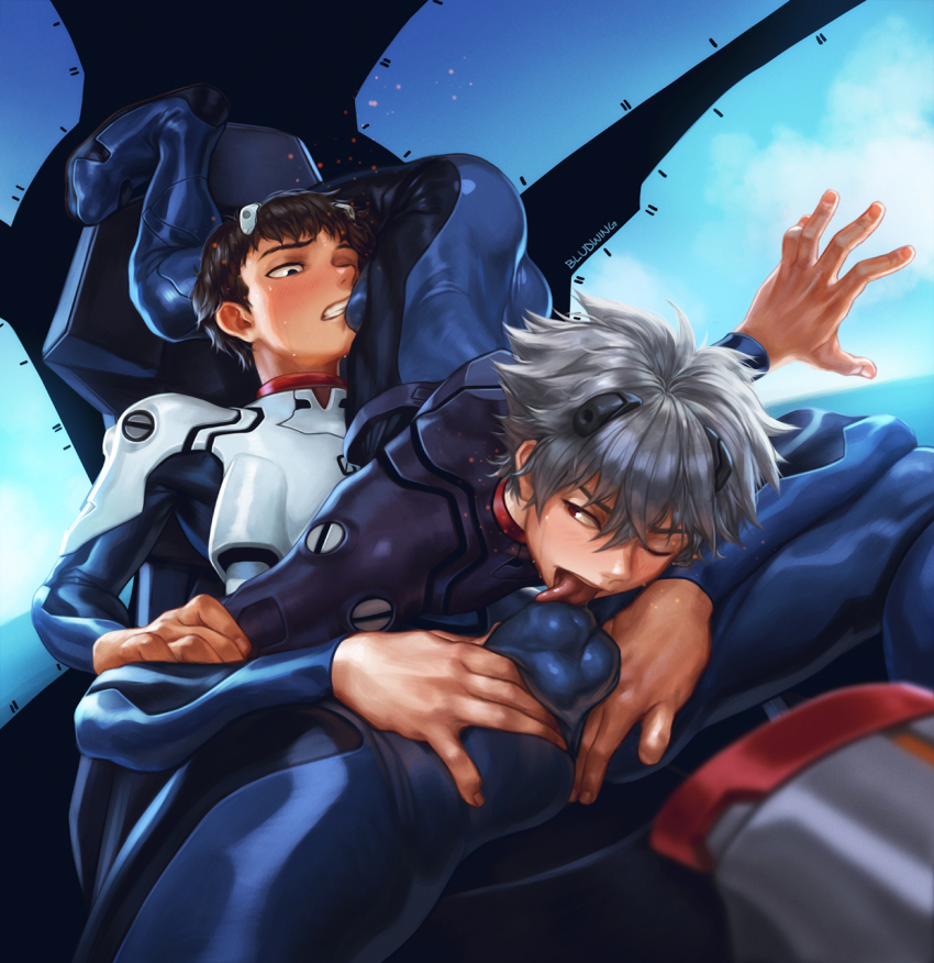 2boys, 69, artist_name, ass, black_eyes, black_hair, bludwing, blue_bodysuit, bodysuit, bulge, bulge_to_face, evangelion_(mecha), grey_hair, hand_on_another's_arm, hand_on_another's_ass, highres, ikari_shinji, interface_headset_(evangelion), licking_bulge, looking_at_another, male_focus, mecha_pilot_suit, multiple_boys, nagisa_kaworu, neon_genesis_evangelion, one_eye_closed, plugsuit_(evangelion), short_hair, sky, sweat, thighs, yaoi