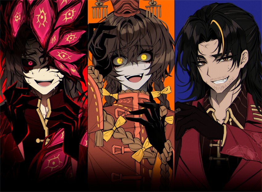 3boys, :d, absurdres, beard_stubble, black_gloves, black_hair, black_sclera, blue_background