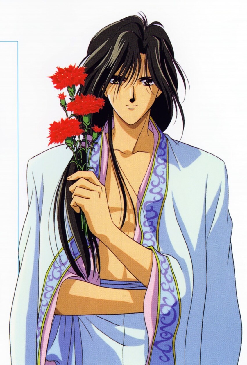 1990s_(style), 1boy, brown_hair, chinese_clothes, flower, flower_request, fushigi_yuugi, hair_between_eyes