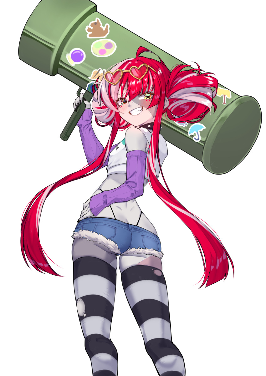 1girl, absurdres, ahoge, black_choker, black_nails, black_thighhighs, blue_shorts, blush