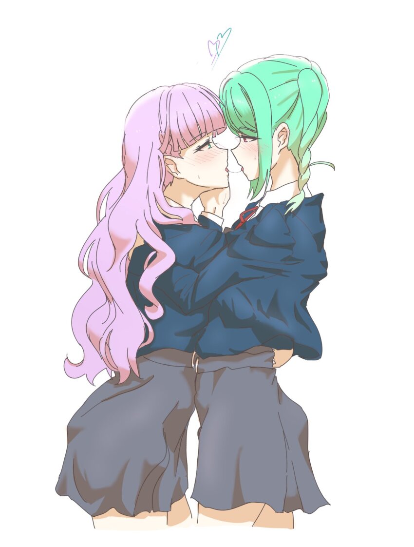 2girls, after_kiss, aqua_hair, arm_around_another's_back, blue_jacket, blunt_bangs, blush, braid
