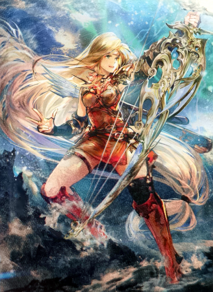 1girl, absurdres, armor, blonde_hair, boots, bow_(weapon), breastplate, breasts