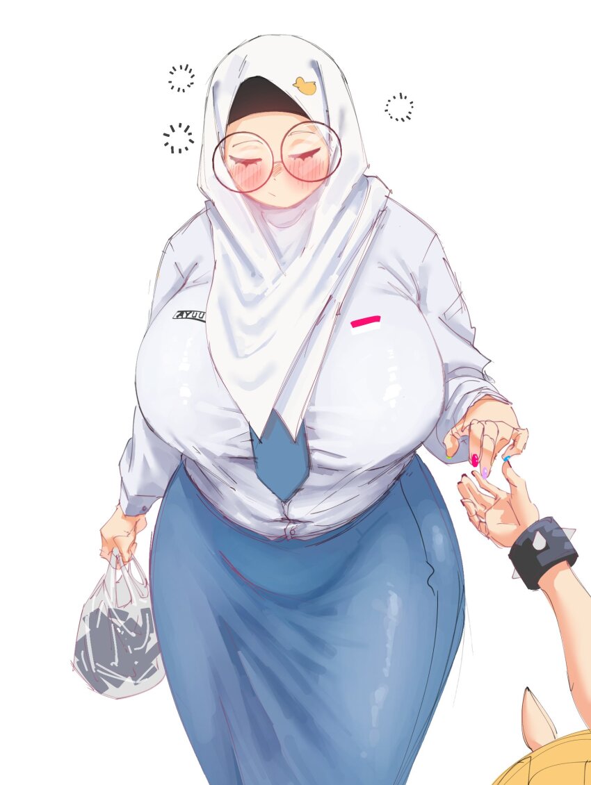 2girls, alv4febrian, ayuu_(alv4febrian), bag, blue_necktie, blue_skirt, breasts, closed_eyes