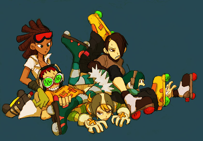 1boy, 4girls, bad_id, bad_pixiv_id, beat_(jsr), bis_(jsr), blonde_hair, blue_hair, blush, brown_hair, cube_(jsr), dark_skin, doromame, dreadlocks, gloves, grin, gum_(jsr), hair_over_one_eye, headphones, helmet, inline_skates, jet_set_radio, mew_(jsr), multiple_girls, pantyhose, piranha_(jsr), roller_skates, sega, short_hair, skates, smile, striped_clothes, striped_legwear, striped_pantyhose, sunglasses, y2k_fashion