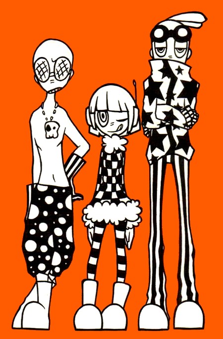 1girl, 2boys, :q, bis_(jsr), donsoku_komagome_pipette, garam_(jsr), gloves, goggles