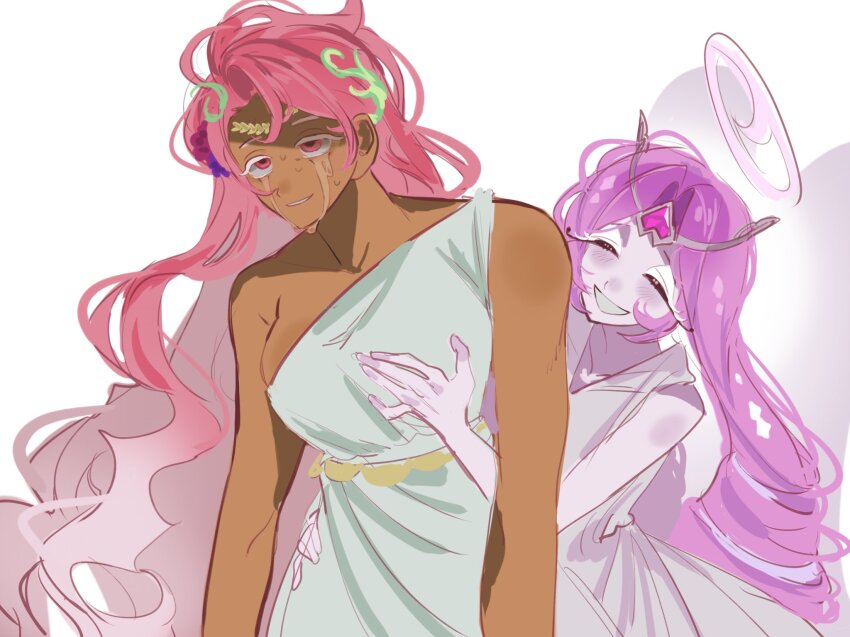 2girls, angel, angel_wings, breasts, cleavage, colored_skin, cookie_run, cookie_run:_kingdom