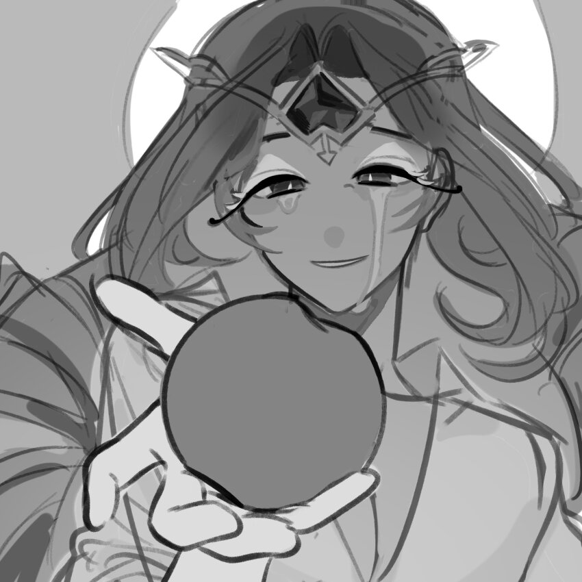 1girl, angel, angel_wings, apple, breasts, cleavage, colored_skin, cookie_run, cookie_run:_kingdom, dress, eternal_sugar_cookie, food, fruit, halo, highres, holding, holding_food, holding_fruit, humanization, lazanya_011, long_hair, looking_at_viewer, monochrome, smile, solo, very_long_hair, white_dress, wings