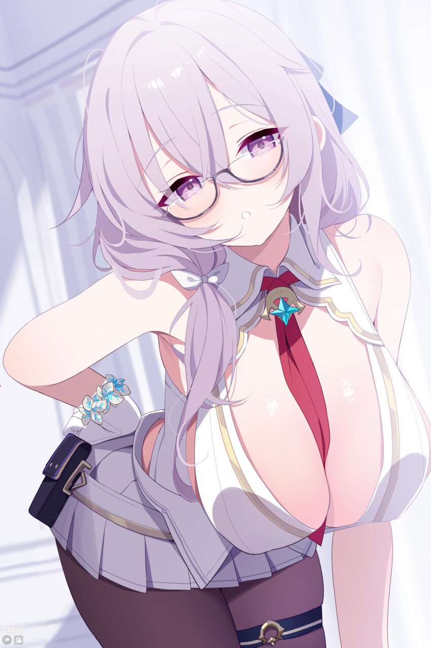 1girl, belt_pouch, between_breasts, blurry, blurry_background, bow, breasts, canace_(stella_sora), cleavage, cleavage_cutout, clothing_cutout, collared_vest, commentary, crossed_bangs, deyui, glasses, gloves, hair_between_eyes, hair_bow, hair_over_shoulder, hand_on_own_hip, highres, indoors, large_breasts, leaning_forward, long_hair, looking_at_viewer, low_ponytail, messy_hair, miniskirt, necktie, necktie_between_breasts, pantyhose, parted_lips, ponytail, pouch, purple_eyes, purple_hair, red_necktie, semi-rimless_eyewear, skirt, solo, stella_sora, thigh_strap, vest, white_bow, white_gloves, white_skirt, white_vest