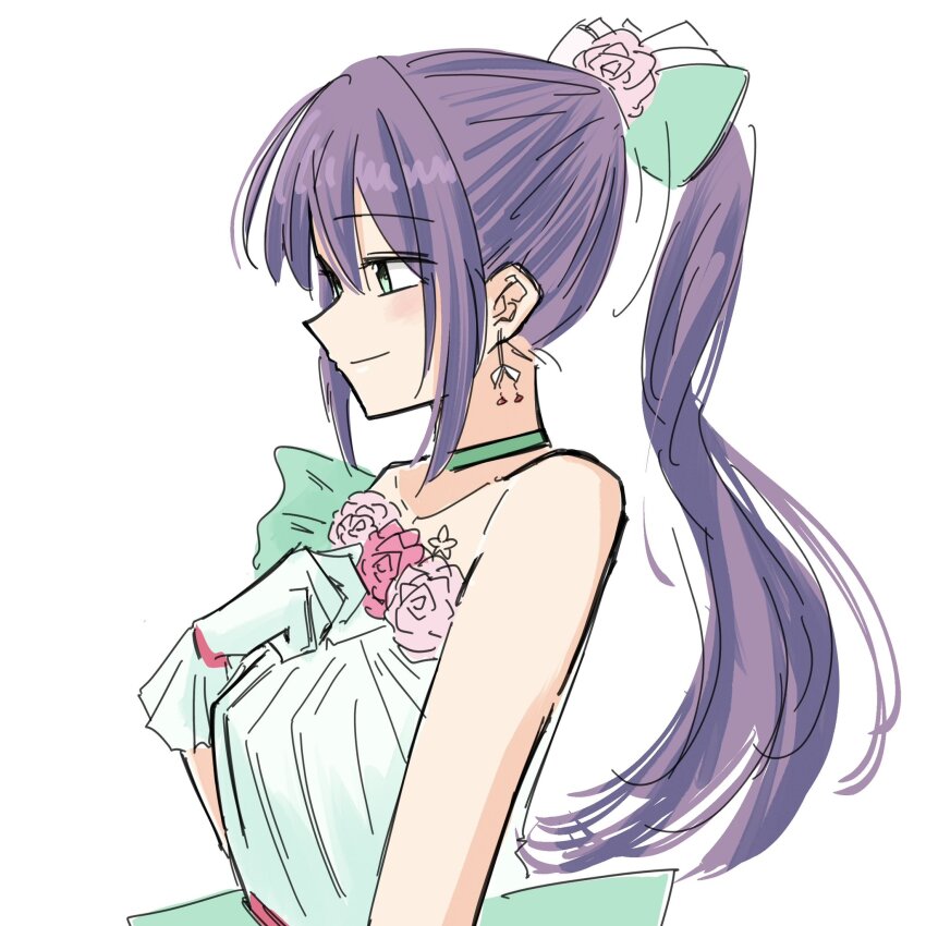 1girl, aqua_bow, ayu_(ayu_illustrate), bare_shoulders, bow, breasts, collarbone, dress