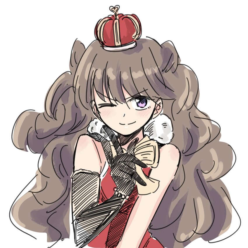 >:), 1girl, ayu_(ayu_illustrate), black_gloves, bow, bowtie, brown_hair, closed_mouth, dress, elbow_gloves, finger_gun, fujishima_megumi, gloves, highres, link!_like!_love_live!, long_hair, love_live!, official_alternate_costume, purple_eyes, red_dress, simple_background, single_elbow_glove, sleeveless, sleeveless_dress, smile, solo, split_mouth, twintails, upper_body, v-shaped_eyebrows, virtual_youtuber, white_background, yellow_bow, yellow_bowtie, zenhoi_kyun