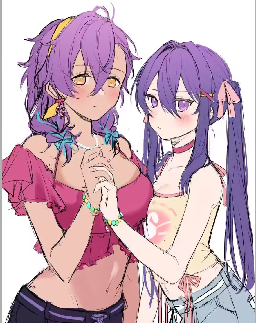 2girls, alternate_costume, asymmetrical_docking, bead_bracelet, beads, black_shorts, blue_ribbon, blush