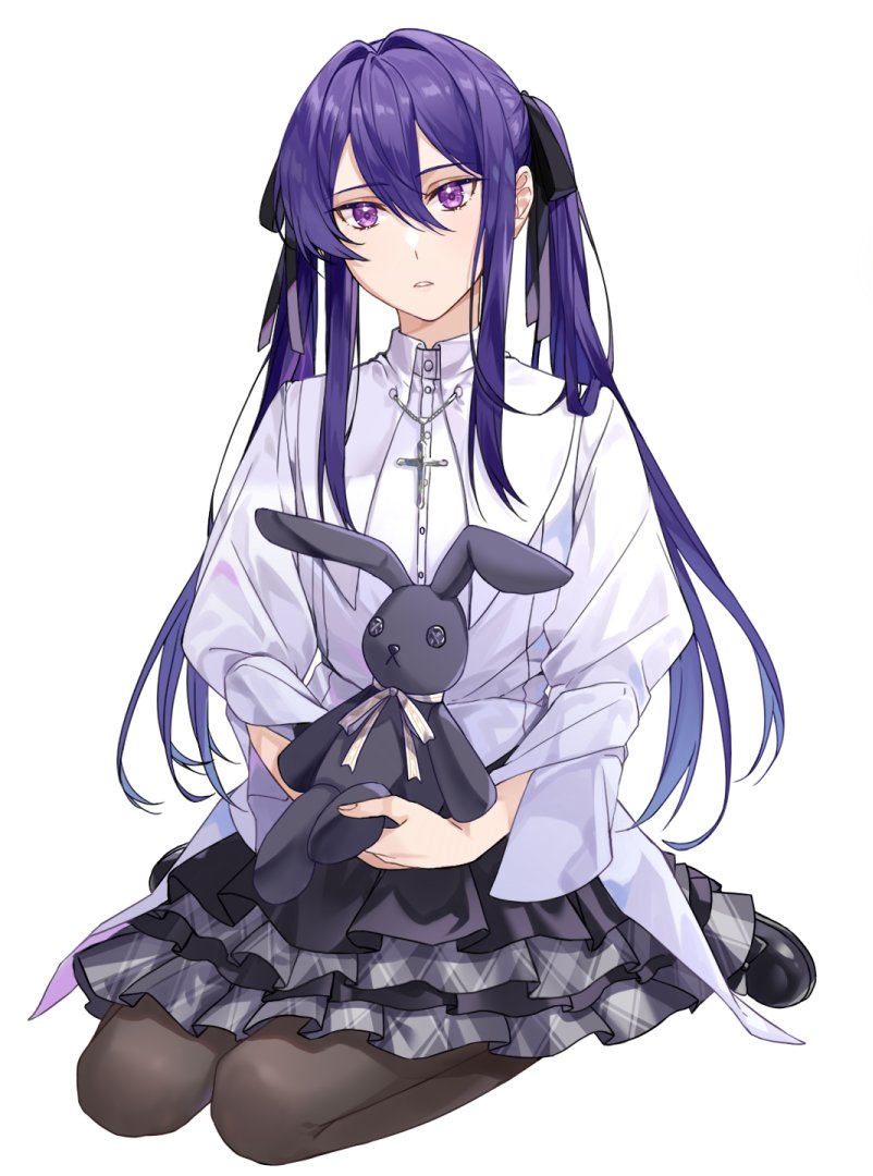 1boy, alternate_costume, alternate_hairstyle, androgynous, black_pantyhose, black_ribbon, black_shoes, cross