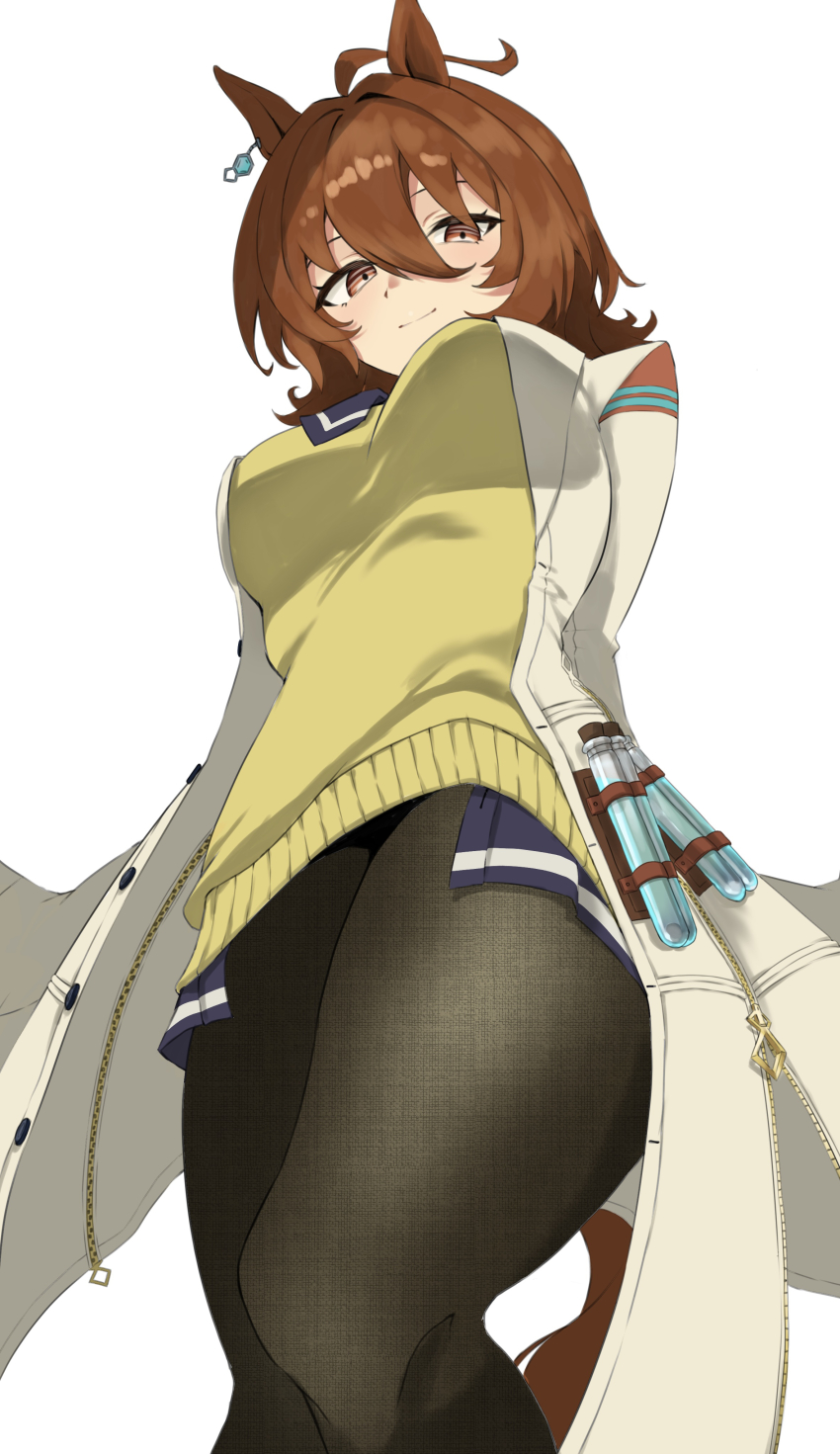 1girl, absurdres, agnes_tachyon_(tach-nology)_(umamusume), agnes_tachyon_(umamusume), ahoge, alternate_eye_color, animal_ear_piercing, animal_ears, anok7456, arm_behind_back, black_pantyhose, blue_necktie, breasts, brown_eyes, brown_hair, closed_mouth, coat, feet_out_of_frame, fine_fabric_emphasis, from_below, hair_between_eyes, highres, horse_ears, horse_girl, horse_tail, lab_coat, large_breasts, looking_at_viewer, necktie, open_clothes, open_coat, pantyhose, short_hair, simple_background, smile, solo, standing, sweater, tail, test_tube, umamusume, white_background, white_coat, yellow_sweater