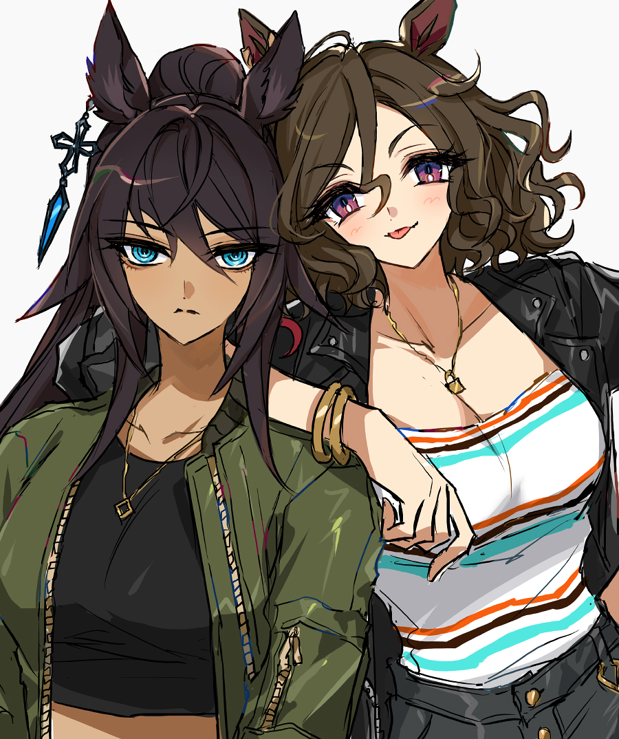 2girls, animal_ears, aqua_eyes, arm_on_another's_shoulder, black_hair, black_jacket, black_shirt, black_shorts