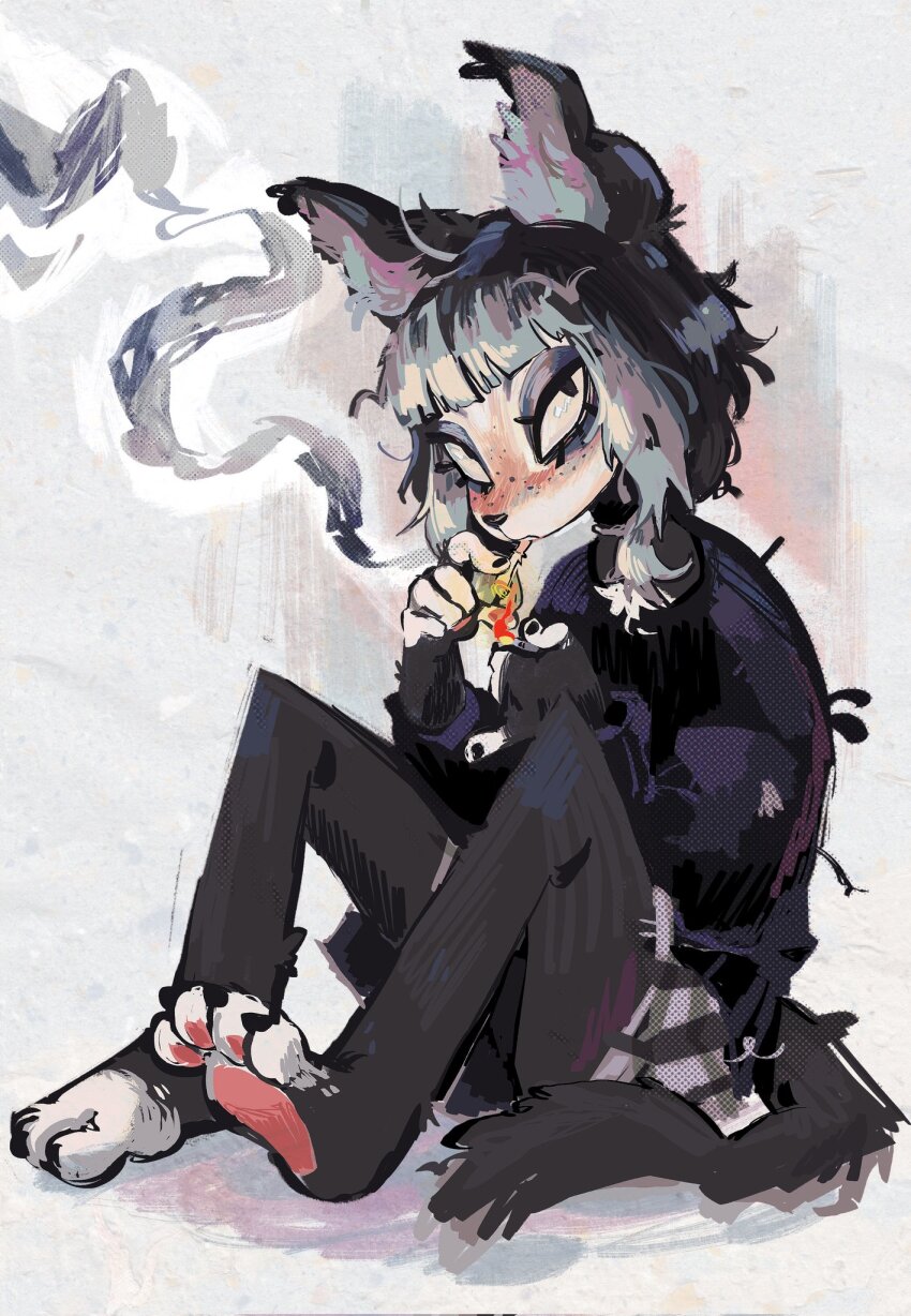 1girl, animal_ears, animal_feet, black_eyes, black_nails, black_pants, black_shirt, blush, cigarette, claws, commentary, dizzychelsy, dog_ears, dog_girl, dog_snout, english_commentary, fire, freckles, furry, furry_female, grey_background, grey_hair, highres, holding, holding_cigarette, multicolored_hair, original, pants, pawpads, purple_sweater, shirt, sitting, smoking, solo, sweater, two-tone_hair, white_fur
