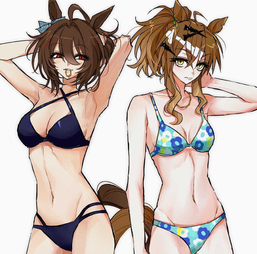 2girls, agnes_tachyon_(umamusume), ahoge, animal_ears, aqua_bikini, armpits, arms_behind_head, bare_arms