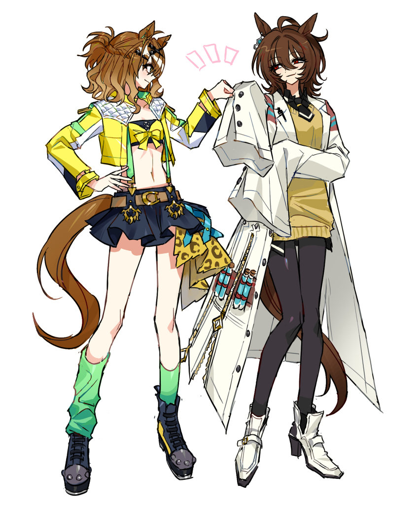 2girls, agnes_tachyon_(tach-nology)_(umamusume), agnes_tachyon_(umamusume), ahoge, animal_ears, arm_under_breasts, bandeau, belt