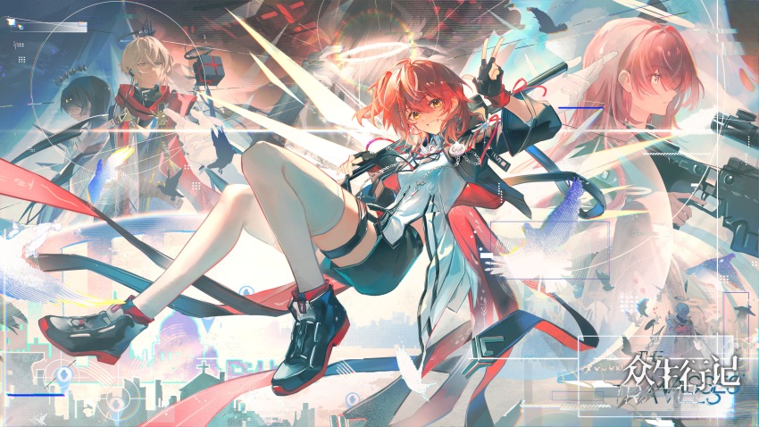 3girls, absurdres, arknights, black_gloves, black_hair, black_shorts, blonde_hair, character_counter_request