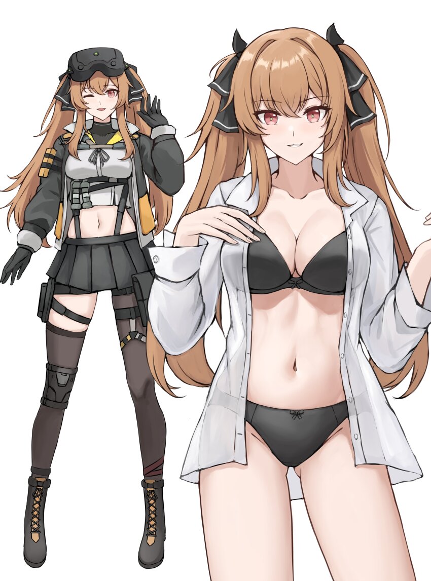 1girl, absurdres, black_bra, black_gloves, black_jacket, black_panties, black_skirt, blush