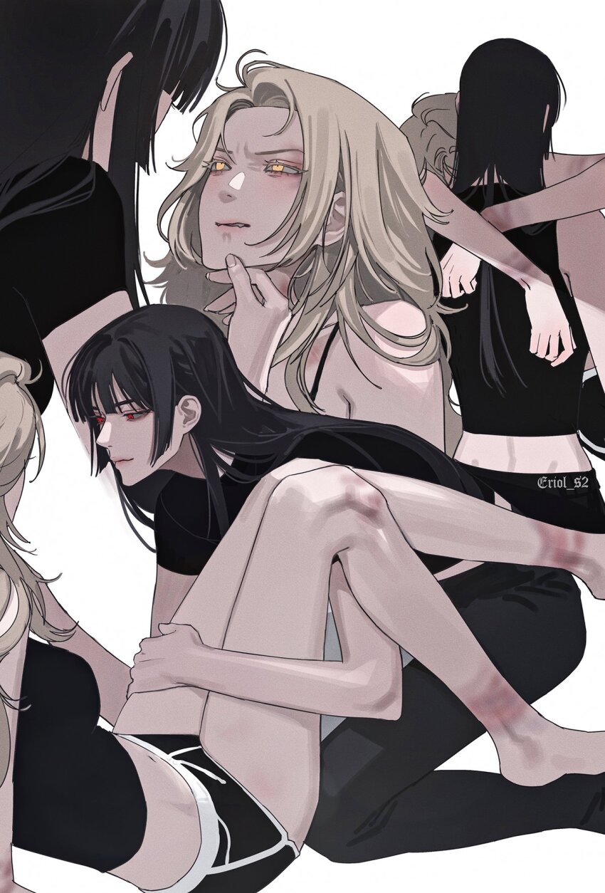 2girls, arms_around_neck, black_camisole, black_hair, black_shirt, black_shoes, blonde_hair, bruise, bruise_on_arm, bruise_on_leg, bruise_on_wrist, camisole, dolphin_shorts, eriol_s2, hand_on_another's_chin, hand_on_another's_thigh, highres, injury, long_hair, looking_at_another, multiple_girls, original, parted_lips, red_eyes, rope_marks, shirt, shoes, shorts, simple_background, sleeveless, sleeveless_shirt, smile, white_background, yellow_eyes, yuri