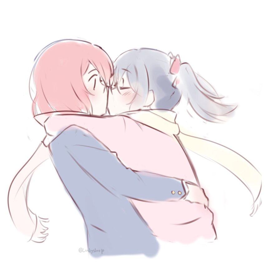 2girls, black_hair, black_jacket, blush, closed_eyes, commentary, hand_on_another's_waist, highres