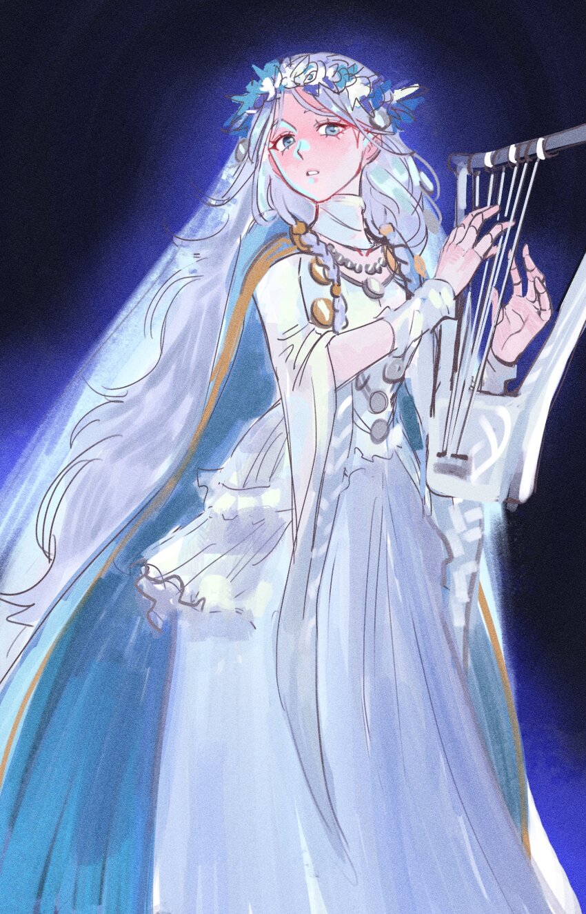 1girl, blue_eyes, dress, elden_ring, elden_ring_nightreign, flower, head_wreath, highres