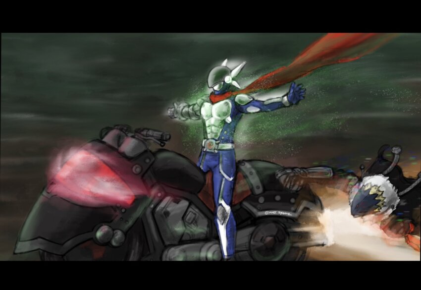 2boys, beelzebumon, behemoth_(digimon), blonde_hair, blue_bodysuit, bodysuit, digimon, digimon_(creature)