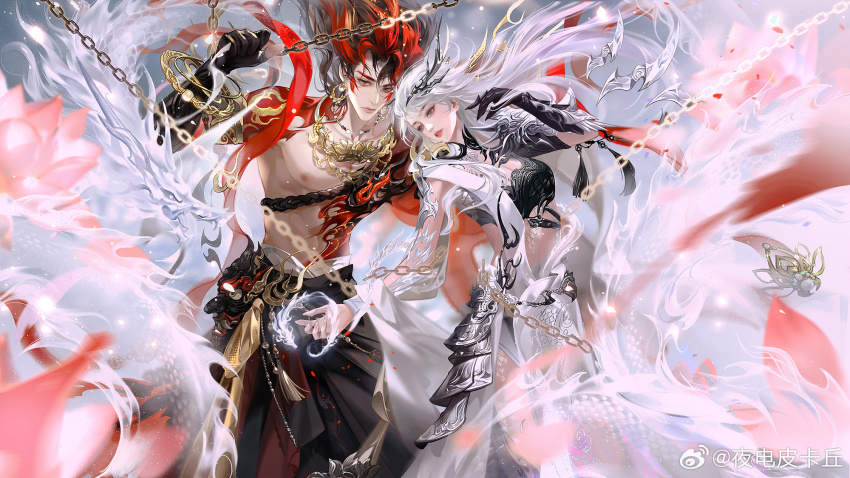 1boy, 1girl, abs, armor, bare_pectorals, bare_shoulders, black_bra, black_gloves