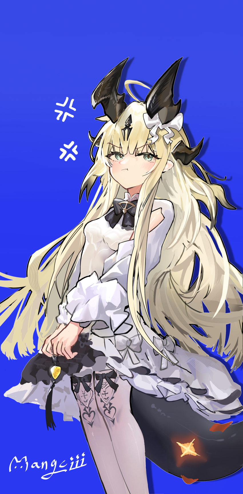 1girl, absurdres, aged_down, ahoge, anger_vein, annoyed, arknights, black_horns