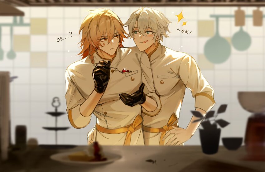 2boys, black_gloves, blonde_hair, blue_eyes, braid, chef, coat, commentary