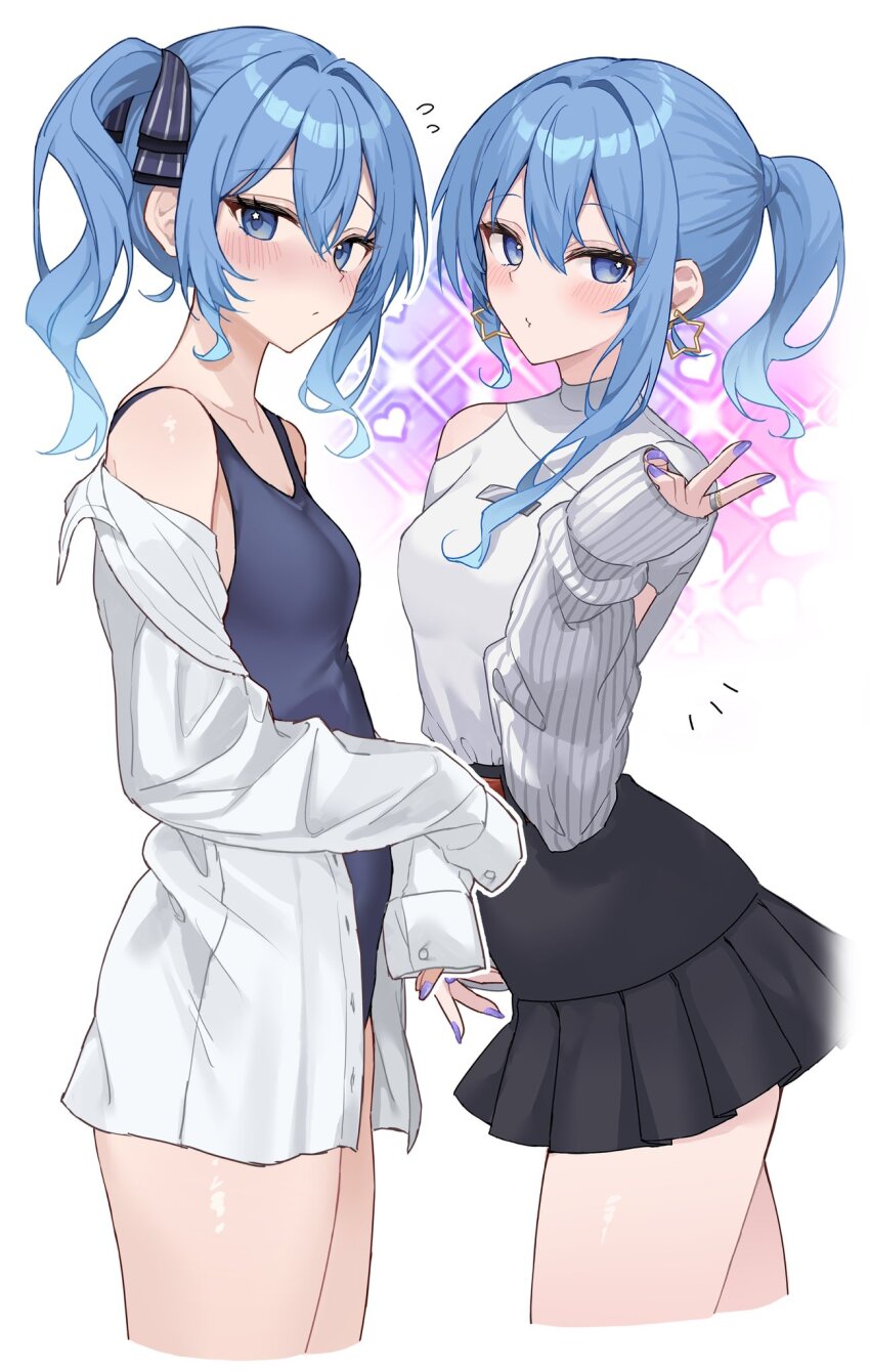 1girl, alternate_costume, asymmetrical_sidelocks, belt, black_skirt, blue_eyes, blue_hair, blue_one-piece_swimsuit