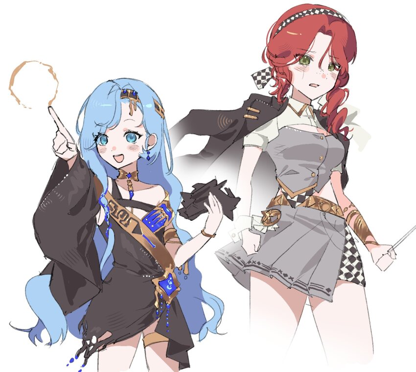 2girls, 37_(reverse:1999), :d, alternate_costume, bare_shoulders, black_dress, black_hairband, black_jacket