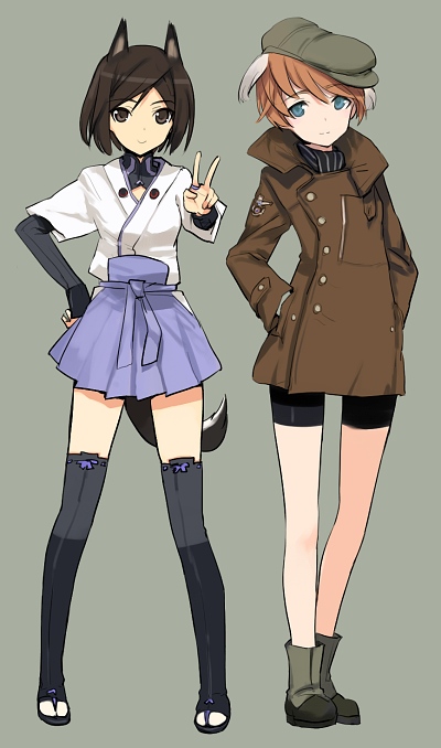 2girls, animal_ears, bike_shorts, black_hair, blue_eyes, boots, brown_eyes, buttons