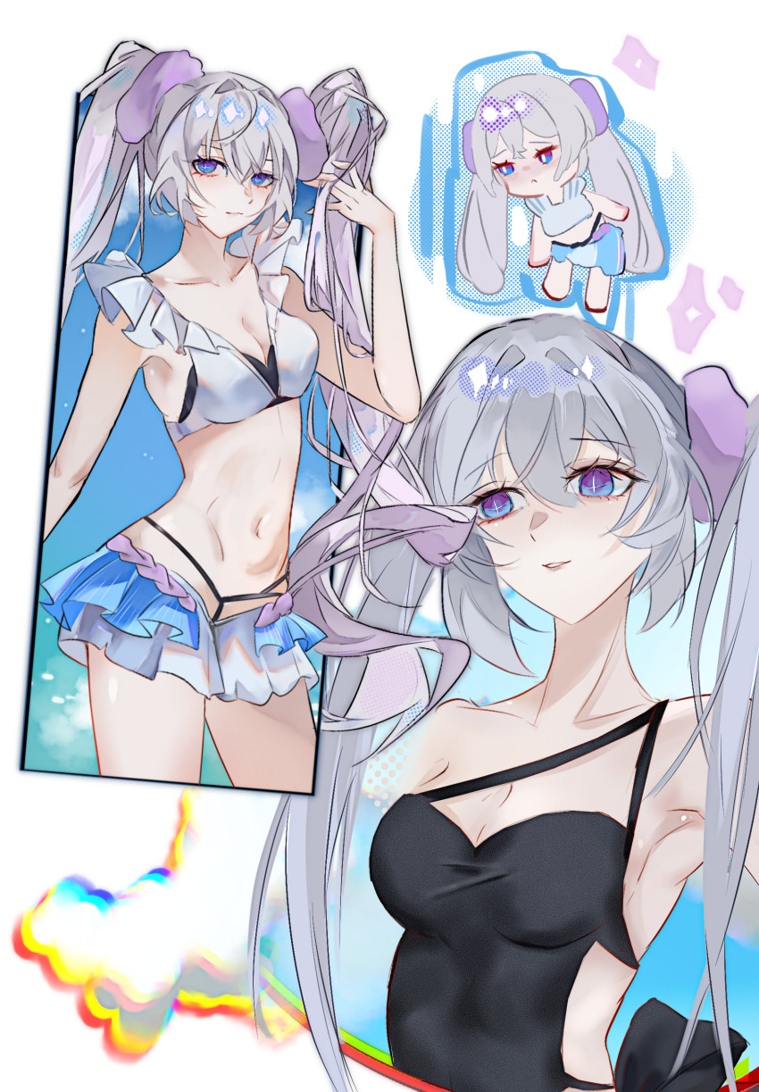 1girl, armpits, bikini, breasts, cleavage, francis_cairo, frilled_bikini, frills, grey_hair, highres, luna_(pgr), medium_breasts, multicolored_eyes, navel, punishing:_gray_raven, solo, swimsuit, twintails, two-tone_eyes