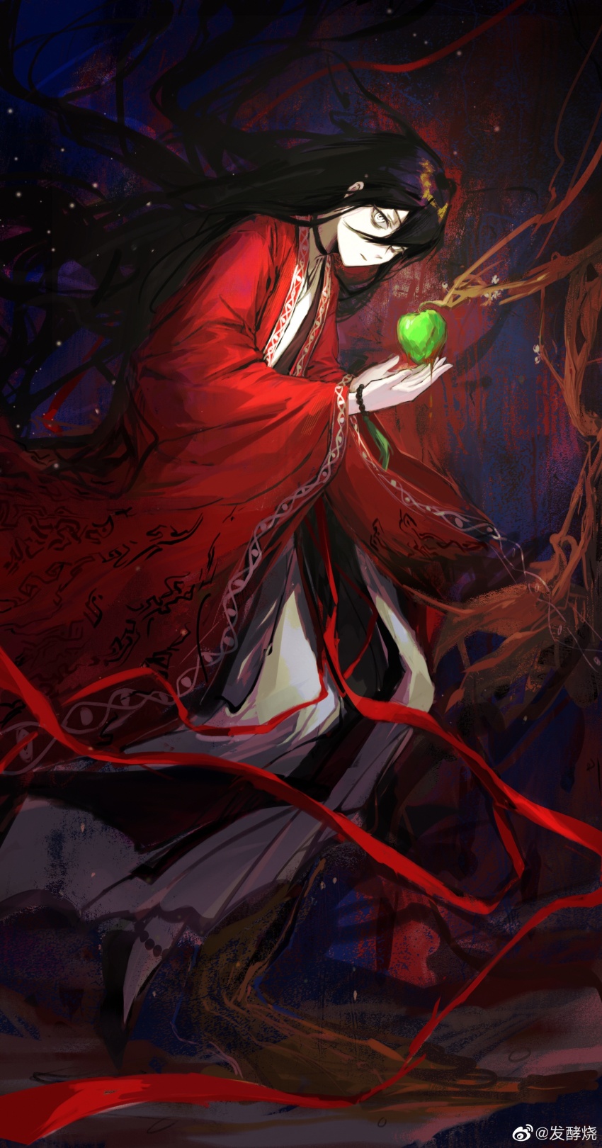 1boy, absurdly_long_hair, absurdres, alternate_hair_length_(longer), apple, black_choker, black_hair, black_shoes