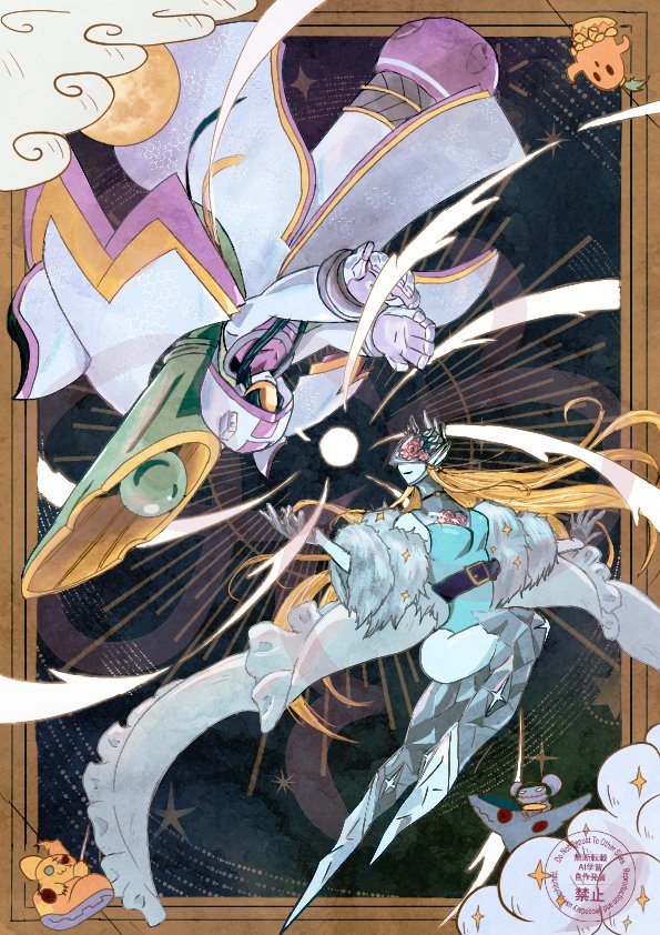 2girls, black_background, black_hair, blonde_hair, blue_leotard, border, breasts, brown_border, cendrillmon, coat, colored_skin, covered_eyes, digimon, digimon_(creature), digimon_card_game, digimon_liberator, fur_coat, hanimon, helmet, helmet_over_eyes, kaguyamon, leotard, long_hair, medium_breasts, multiple_girls, omiyakoo, robe, rotational_symmetry, shoemon, trait_connection, white_coat, white_robe, white_skin