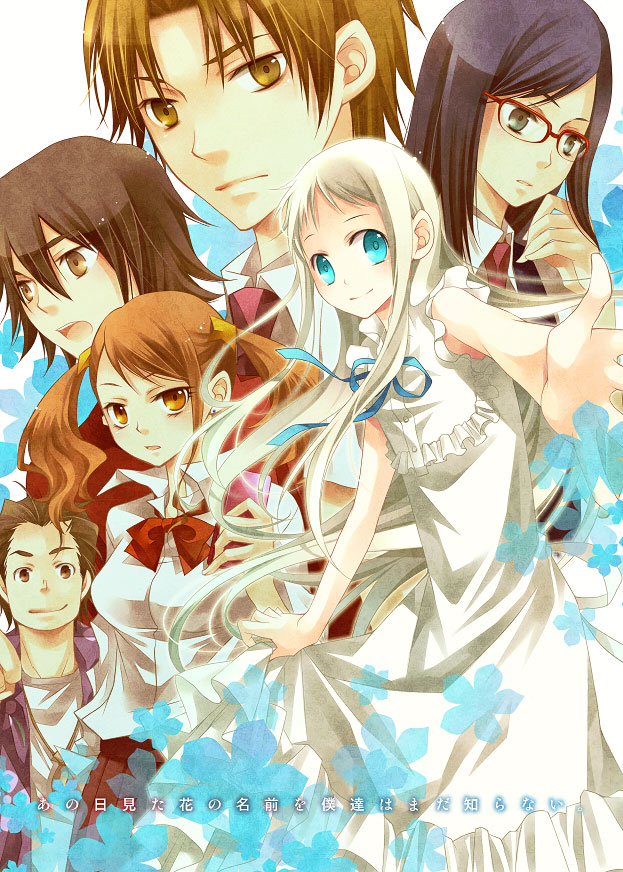 10s, 3boys, 3girls, anjou_naruko, ano_hi_mita_hana_no_namae_wo_bokutachi_wa_mada_shiranai., bad_id, bad_pixiv_id, blue_eyes