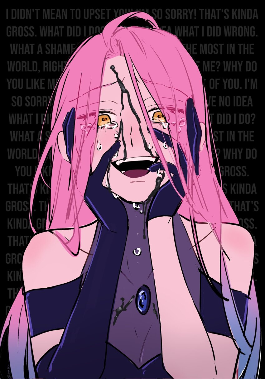 1girl, alien_stage, asymmetrical_gloves, bare_shoulders, black_background, black_blood, black_dress, black_gloves