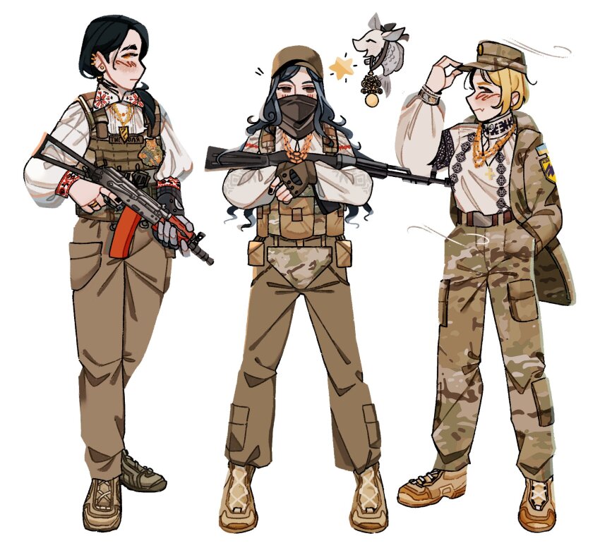 3girls, 3rd_assault_brigade, ak-74m, aks-74u, ammunition_pouch, animal, artist_name, assault_rifle