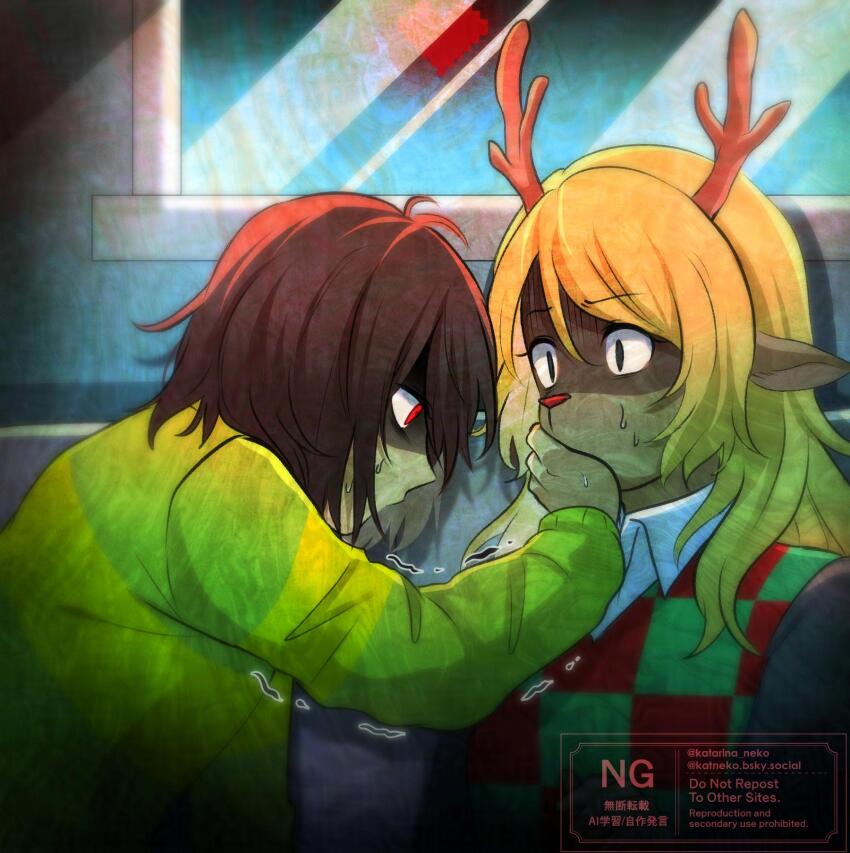 1girl, 1other, animal_ears, antlers, artist_name, blonde_hair, brown_hair, checkered_clothes