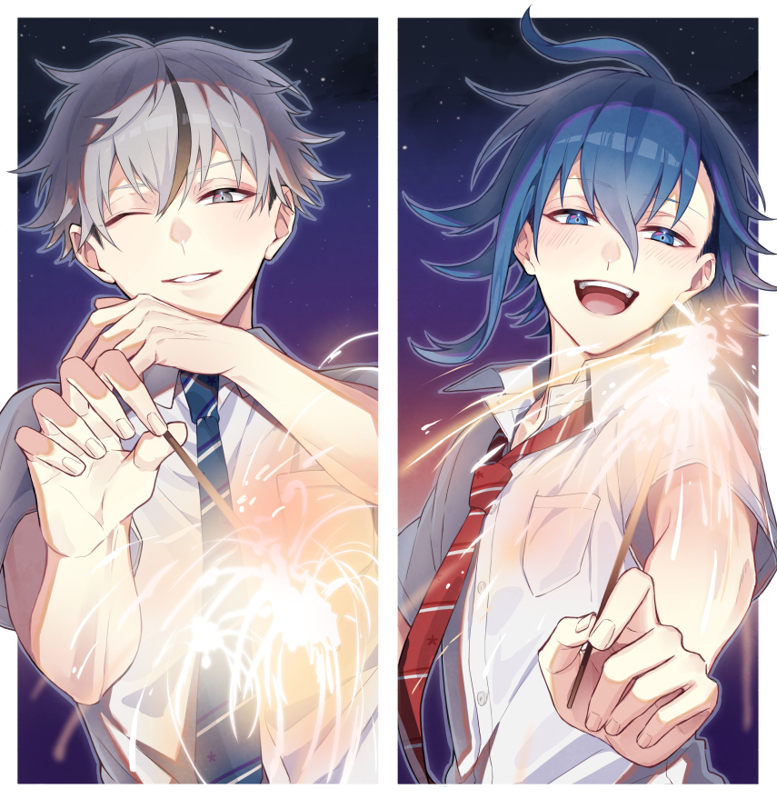 2boys, :d, ahoge, aoyama_kazuki, blue_eyes, blue_hair, blue_necktie, border