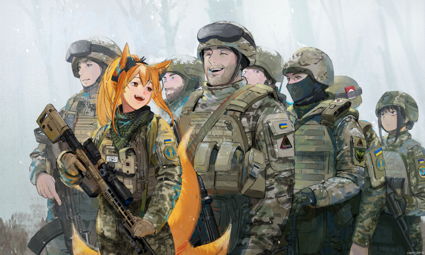 1other, 2girls, 5boys, ak-74, ak-74m, ammunition_pouch, ar-10, assault_rifle