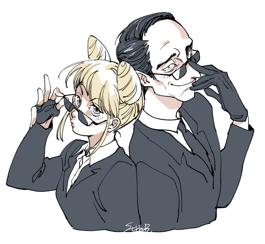 1boy, 1girl, adjusting_eyewear, back-to-back, closed_mouth, collared_shirt, commentary_request, cone_hair_bun