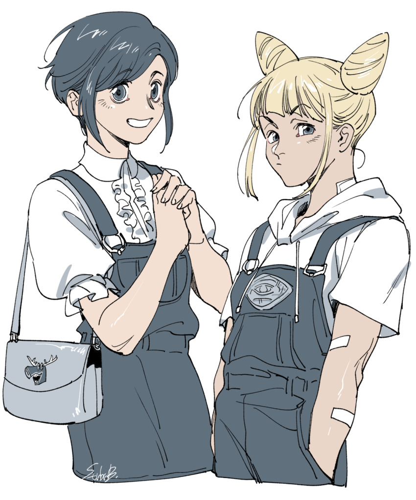 2girls, alternate_costume, bag, center_frills, closed_mouth, collared_shirt, cone_hair_bun, cropped_legs