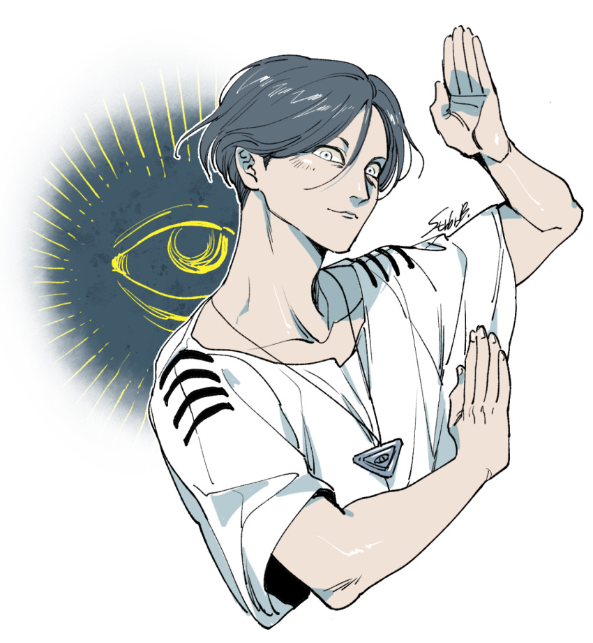 1boy, arm_up, closed_mouth, commentary_request, disembodied_eye, hair_between_eyes, hand_up, highres