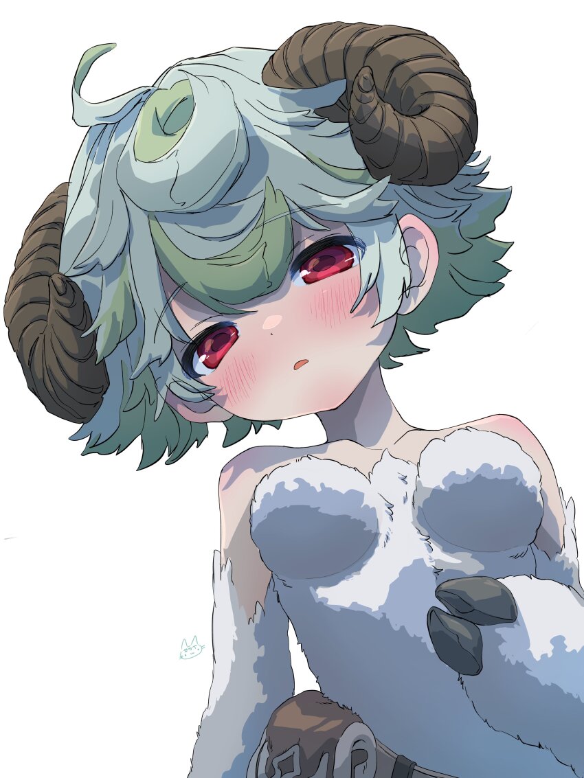 1girl, absurdres, ahoge, bare_shoulders, body_fur, breasts, brown_horns, claws